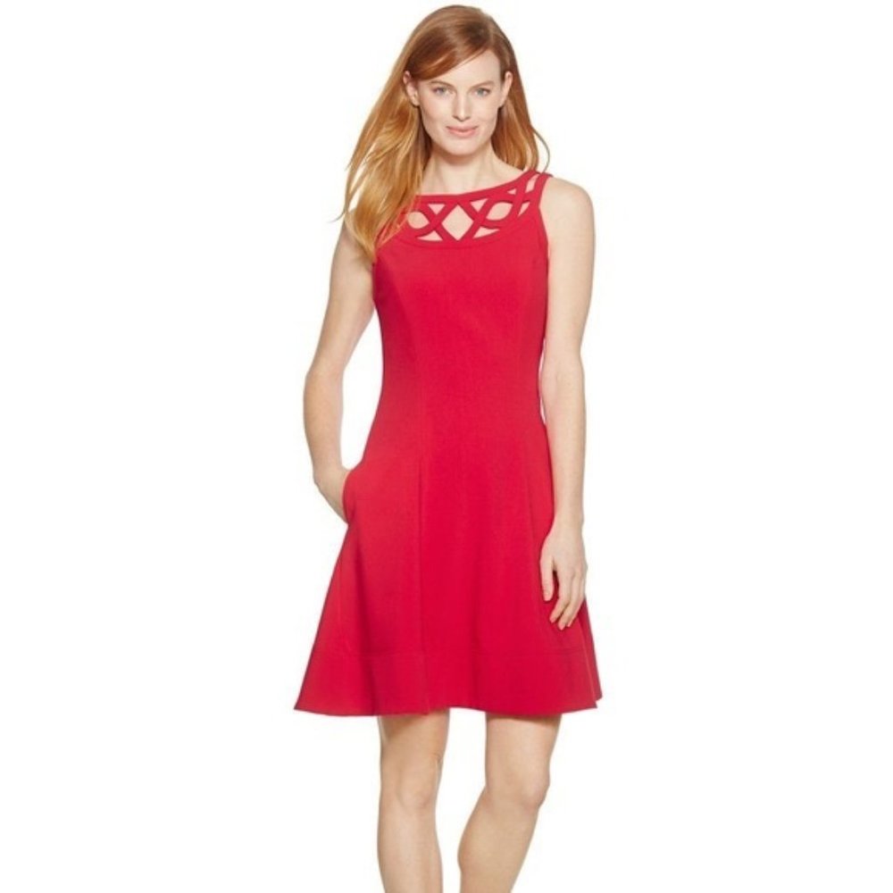 WHBM Sleeveless Red Fit & Flare Cut Out Dress